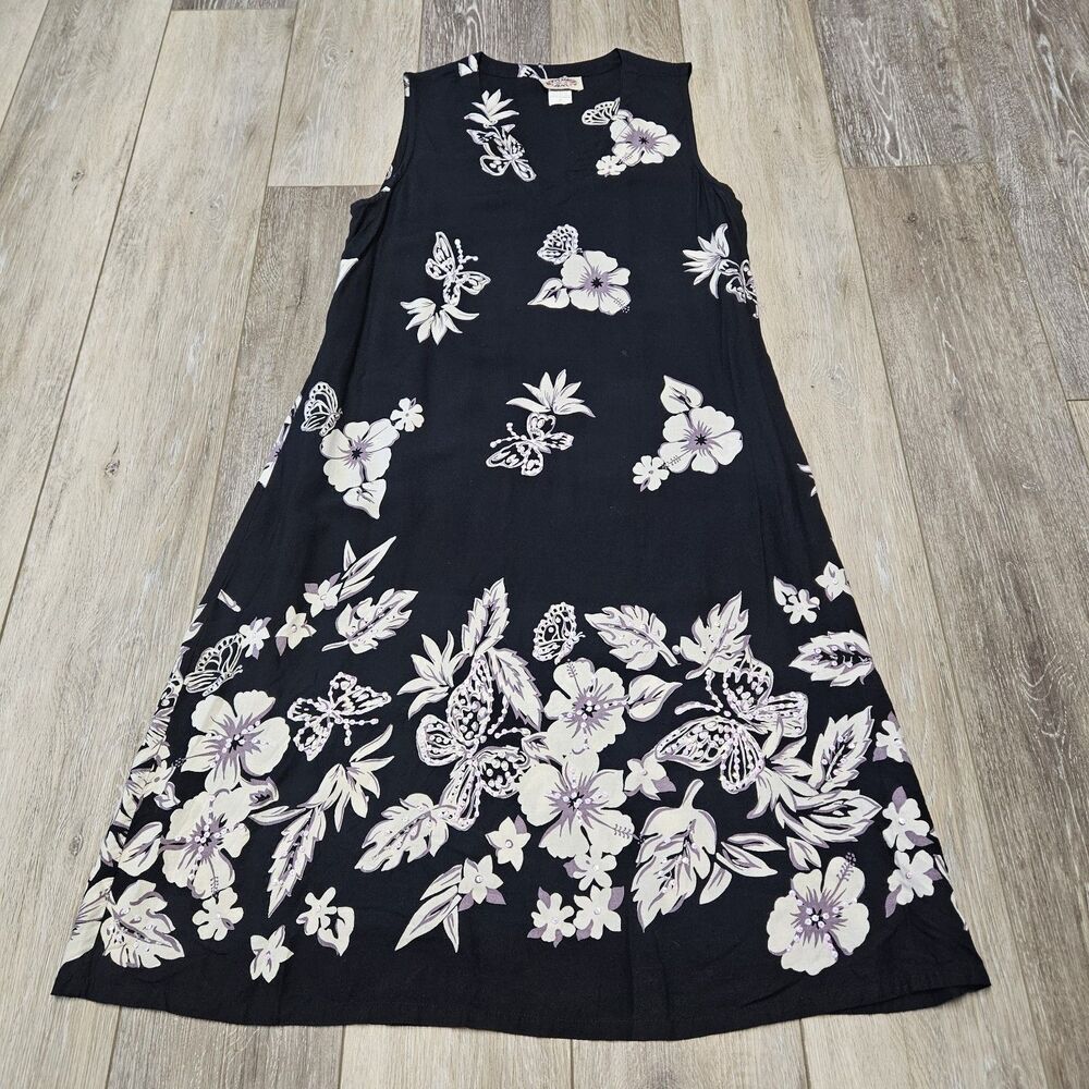 Peppermint Bay Vintage Hawaiian Dress Black Floral Sequins Women's Medium